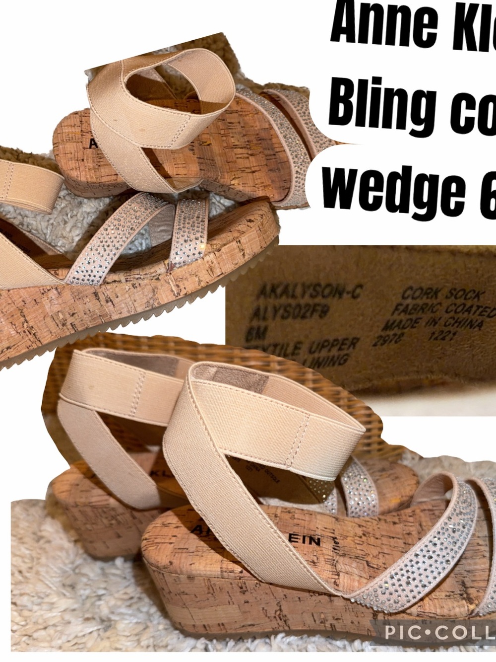 Anne Klein Nude Cork Wedge Sandals with Rhinestone Strap